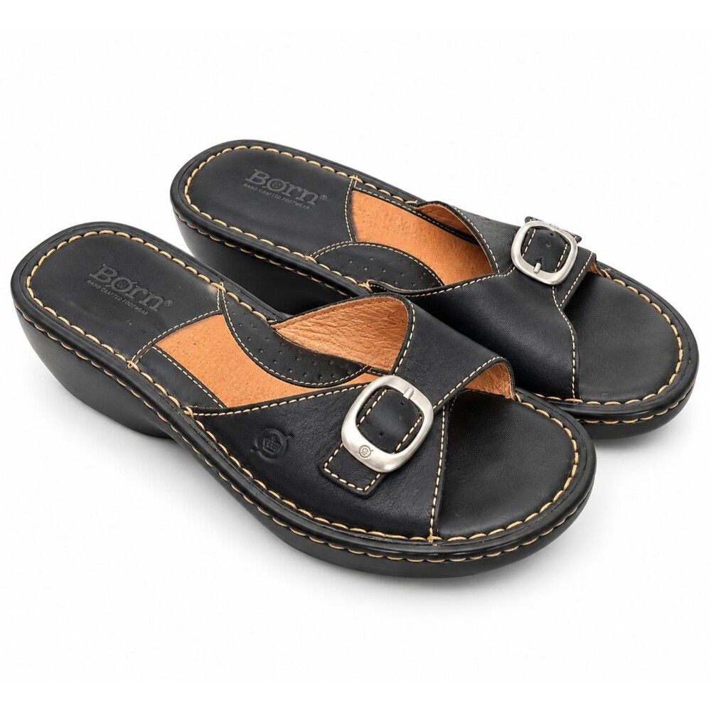 Born Black Leather Slide Sandals Buckle Comfort Casual Womens Size 7 EU 38